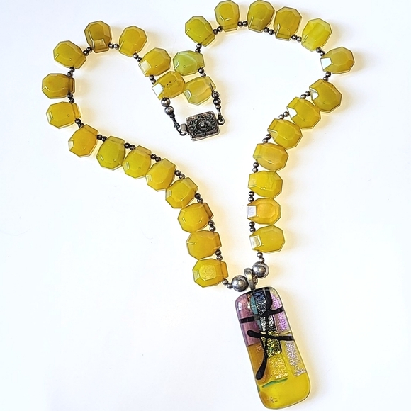 MOMO GLASSWORKS PENDANT on 20" GOLD GLASS BEAD NECKLACE - STERLING SILVER CLASP - Picture 1 of 8
